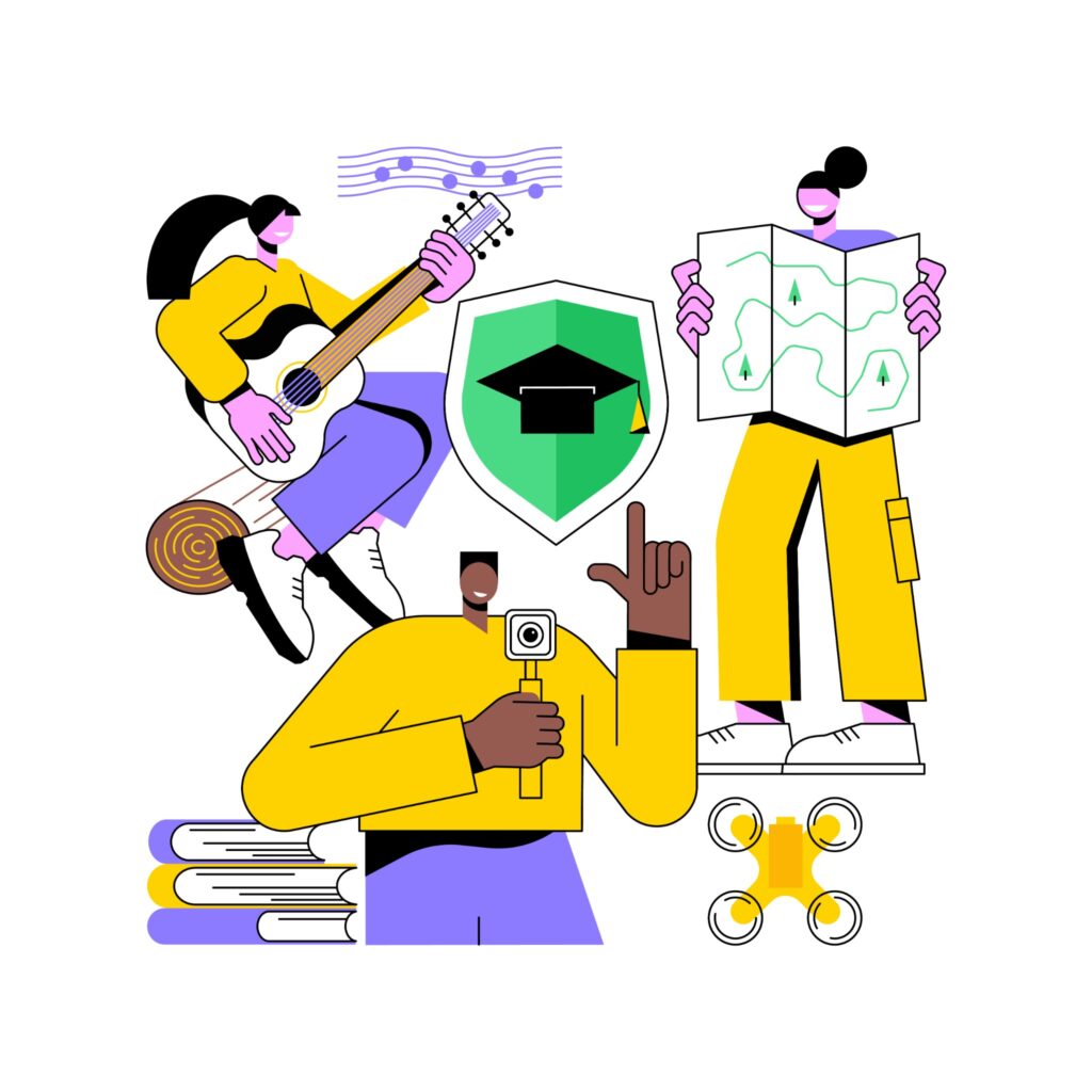 Ilustração mostra três pessoas: uma tocando violão à esquerda, outra falando ao microfone ao centro e a terceira lendo jornal à direita. Ao centro, um brasão com chapéu de formatura preto e fundo verde