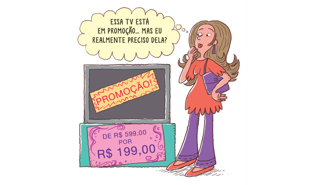 Ilustração mostra mulher avaliando se deve comprar uma TV para aproveitar a oferta, pois ela já tem uma