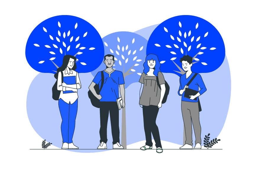 Ilustração em tons de azul mostra 4 estudantes: uma mulher segurando livro, um homem com mochila no ombro direito, uma mulher com bolsa no ombro esquerdo e um homem segurando um caderno com a mão esquerda