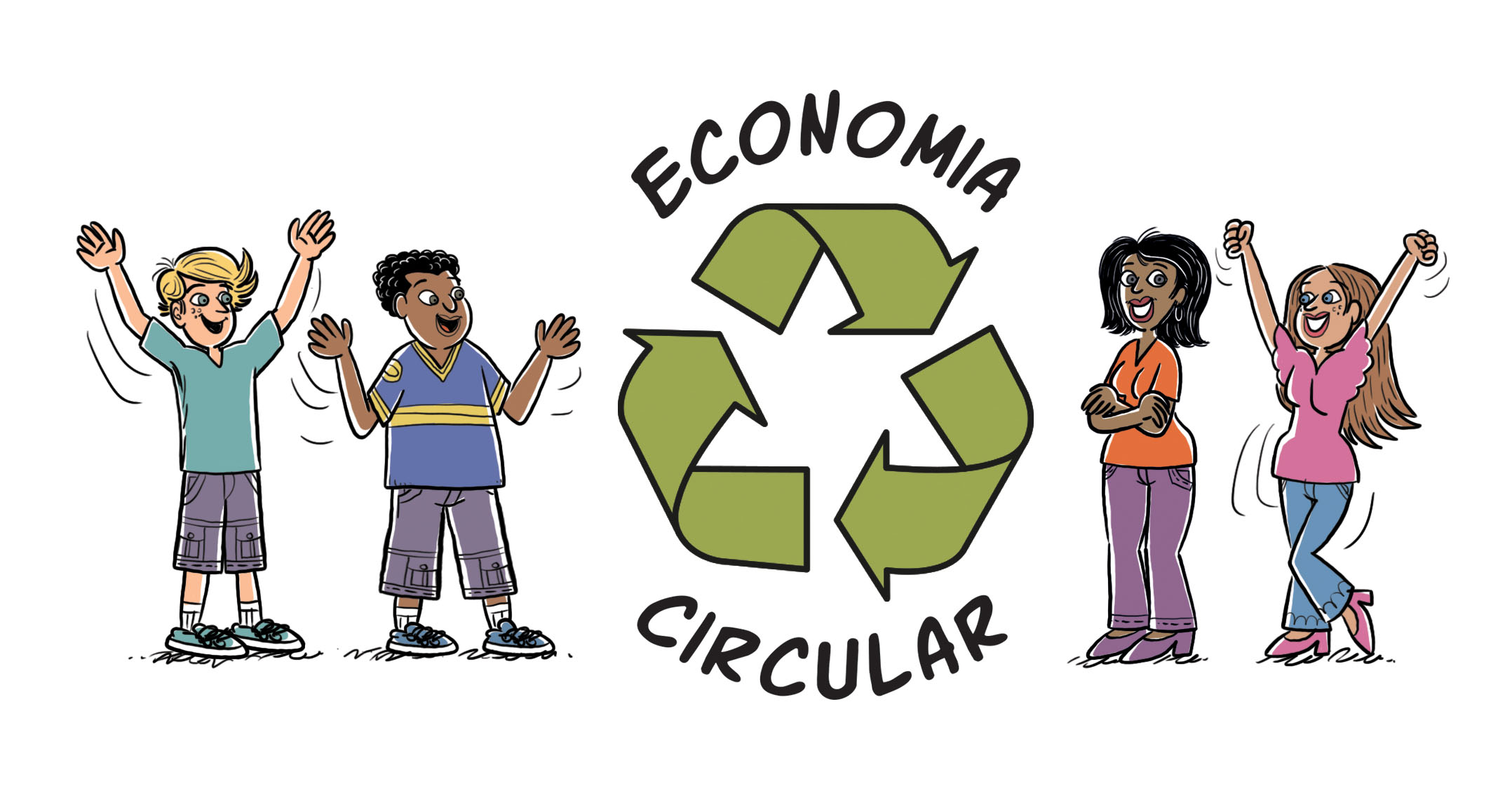 Ilustração mostra dois meninos celebrando, o símbolo de reciclagem em verde com a inscrição economia circular e duas meninas, da esquerda para a direira