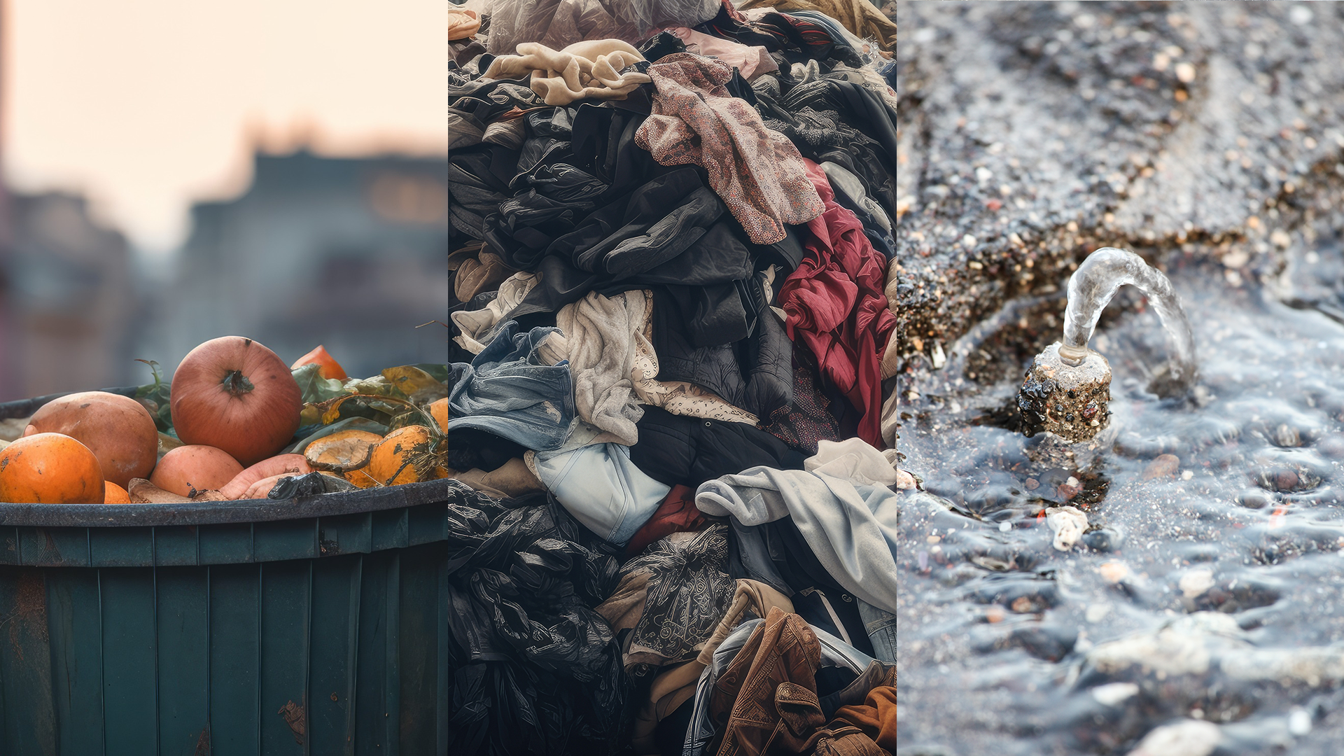 Imagem é composta por três fotos: à esquerda, restos de comida em lata de lixo; no meio, roupas desperdiçadas no lixo; à direita, imagem mostra bico vazando água na rua